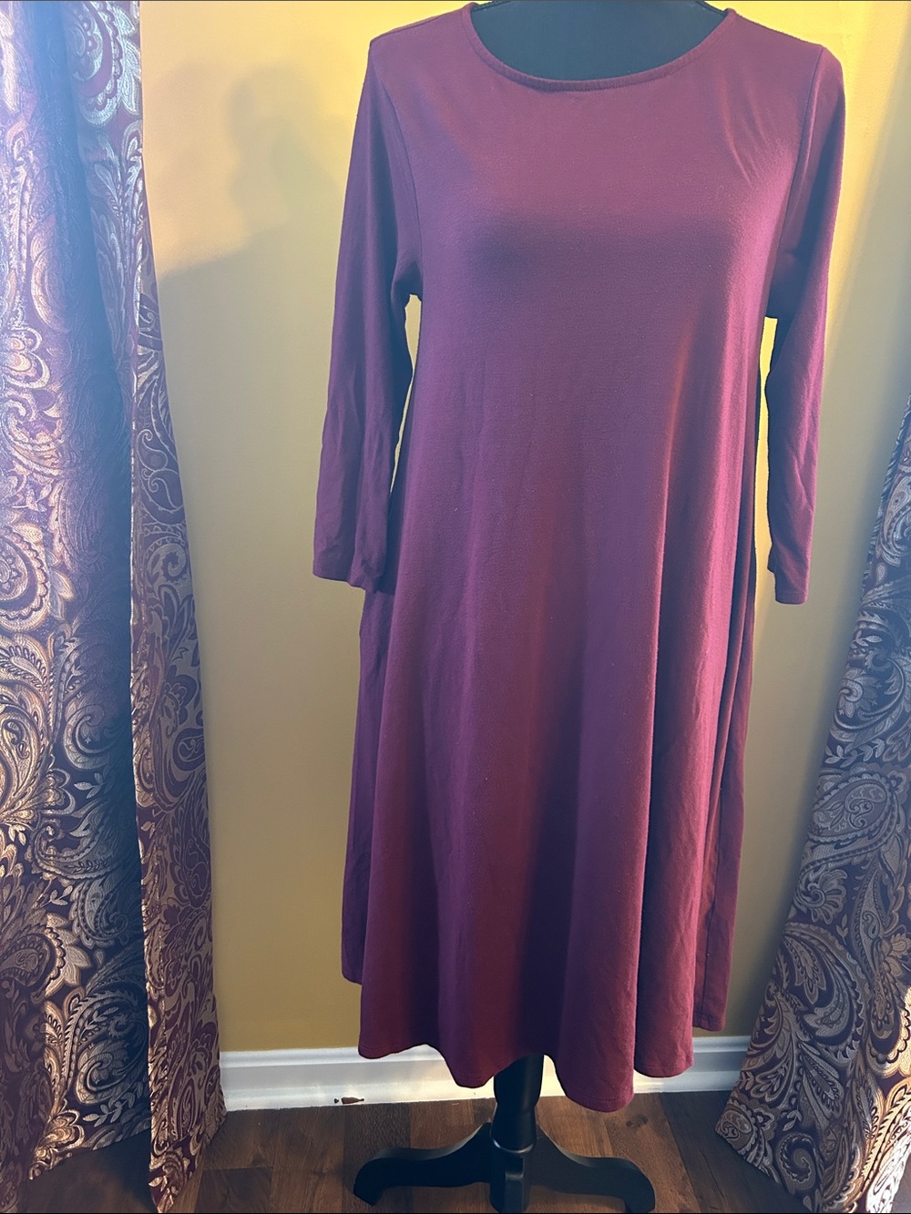 Zenana Swing Dress with 3/4 Length Sleeve - Wine